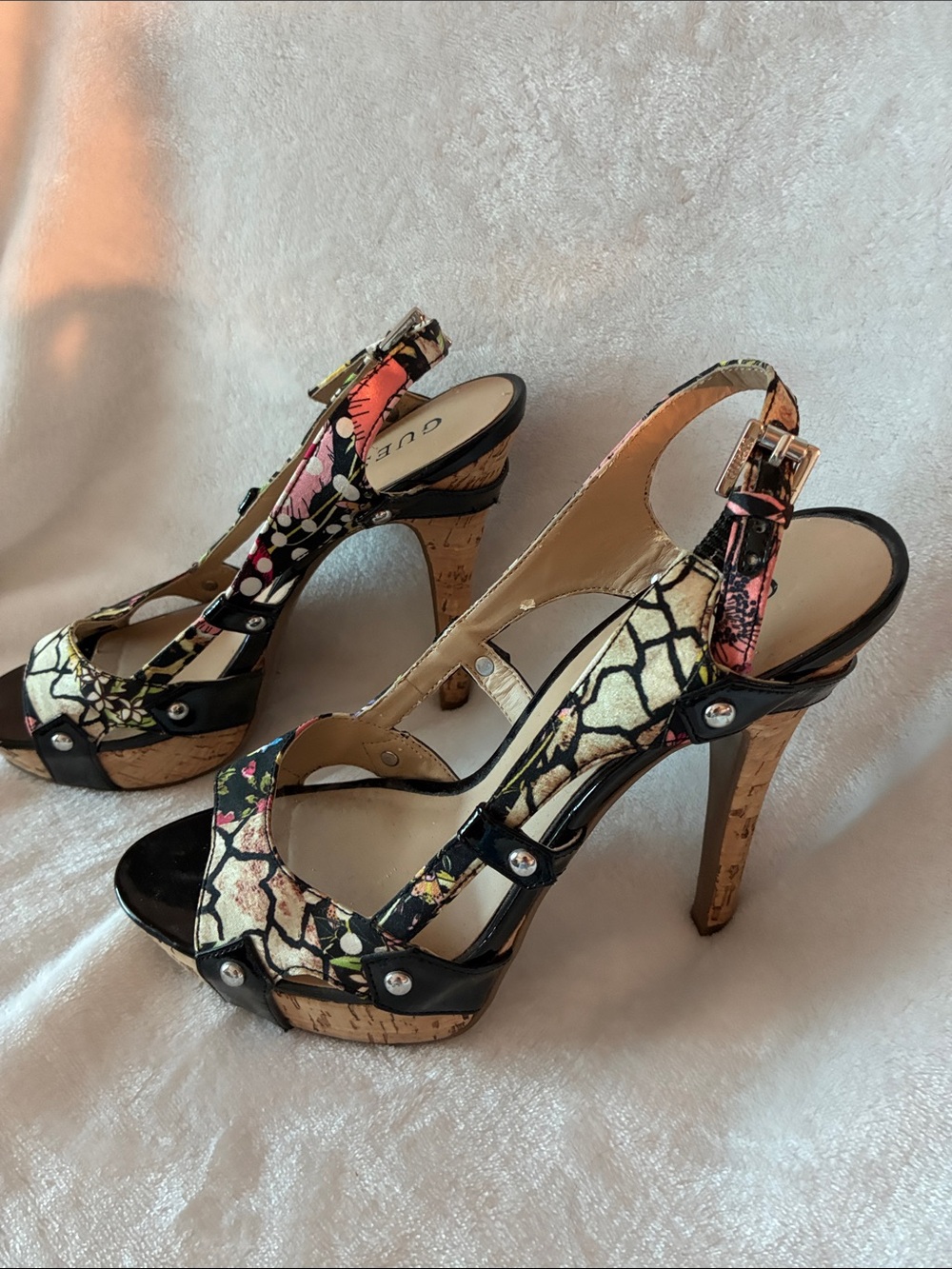 GUESS Floral Multi-Color Peep-Toe Slingback Heels